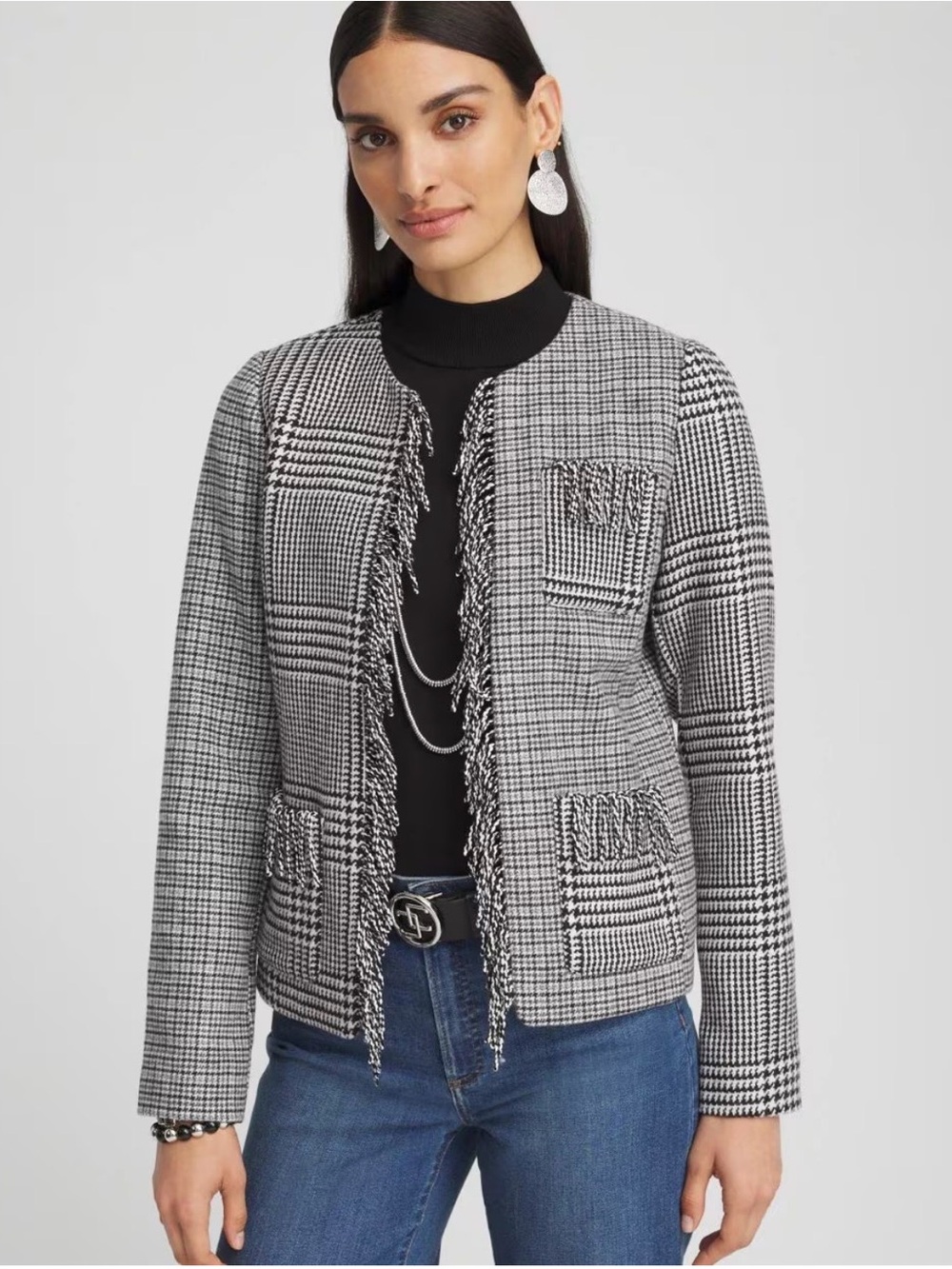 Chico's Black & White Plaid Fringed Open Jacket